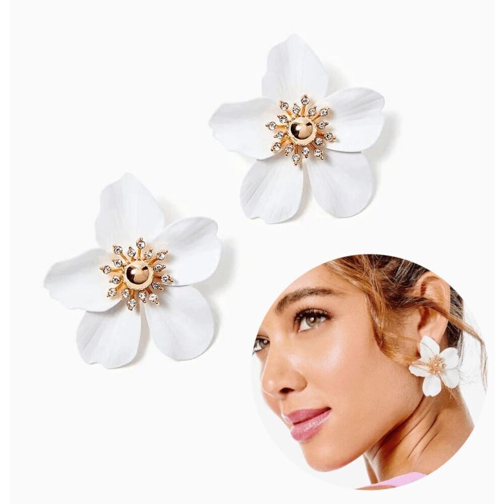 🤍🌺 LILLY PULITZER Oversized White Orchid Flower Earrings NEW WITH GIFT BAG